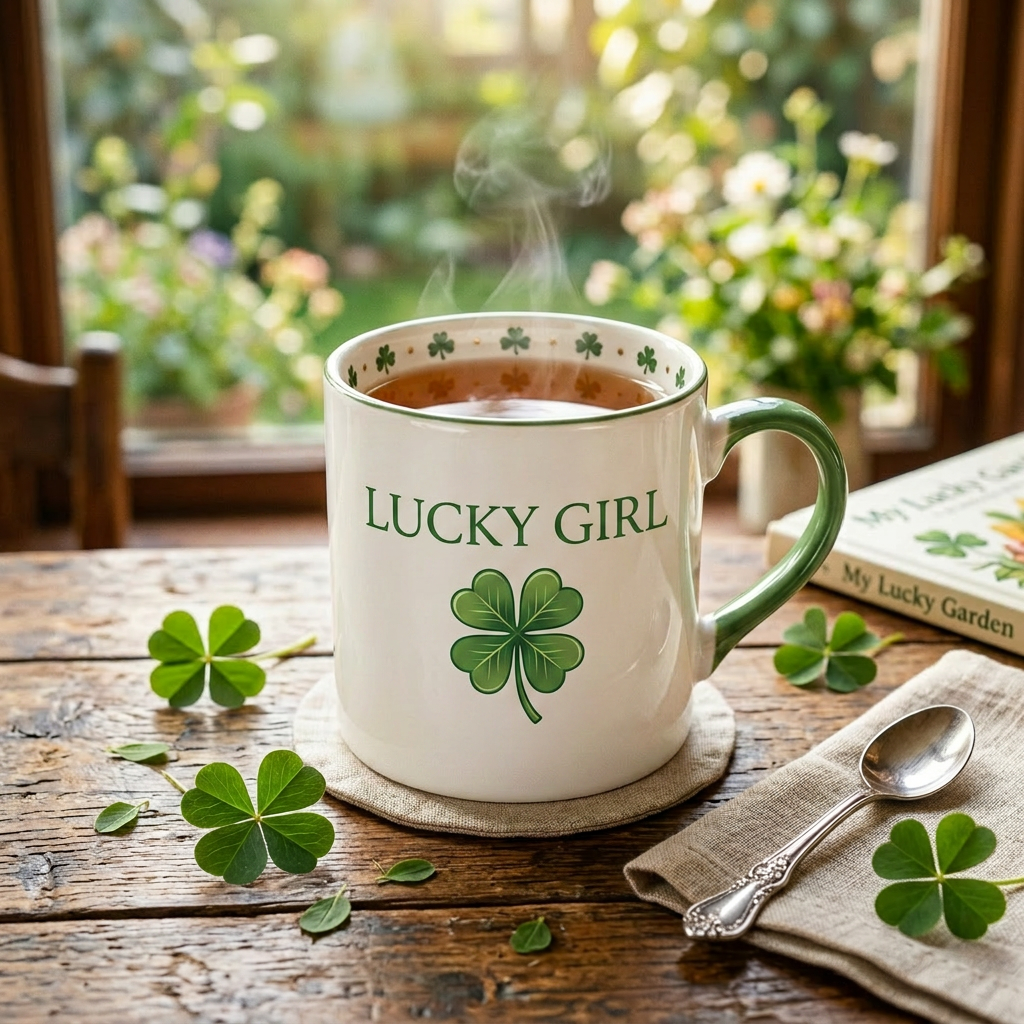 Steaming tea in a 'Lucky Girl' mug decorated with clovers and a girl illustration